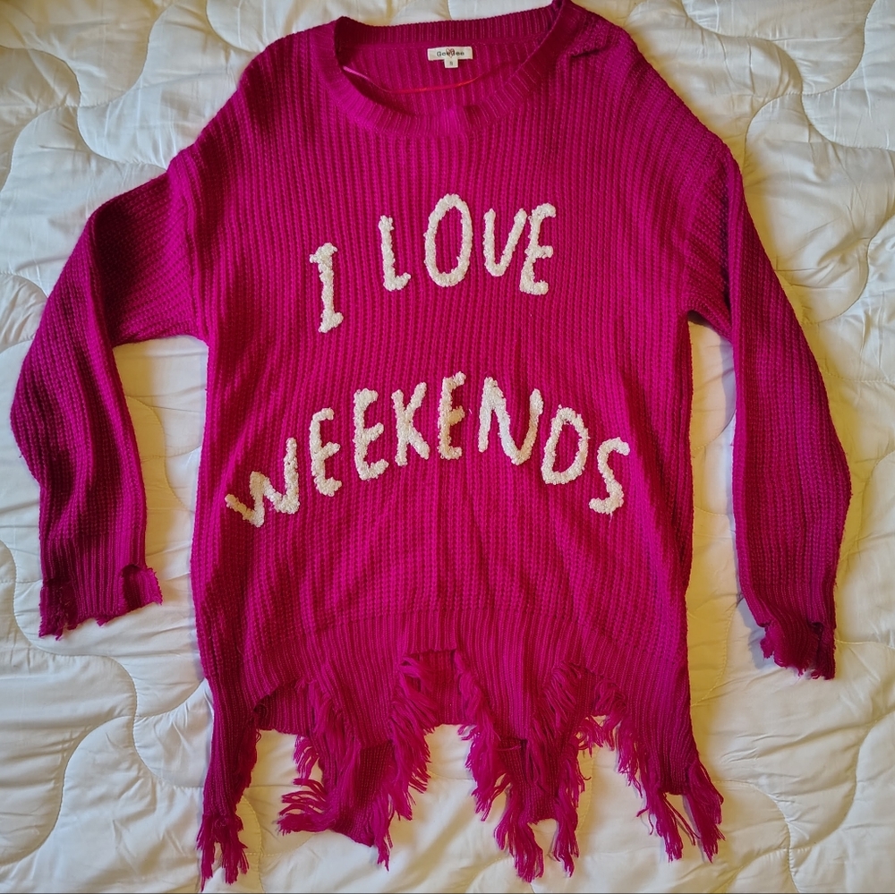 I Love Weekends Pink Distressed Fringe Crewneck Knit Sweater Women's Sz Small